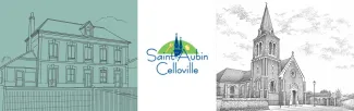 Bienvenue à la Mairie de Saint-Aubin-Celloville - Visuel de la Mairie et de l'église en version esquisse